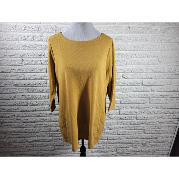 CJ Banks Womens Top 1X Plus Tunic 3/4 Sleeve Waffle Knit Gold Pockets YEL5E - Picture 1 of 9